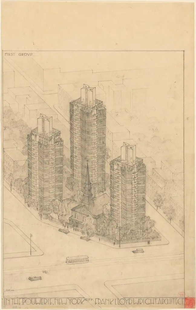 St. Mark's Tower project, New York, NY (Aerial perspective) by Frank Lloyd Wright