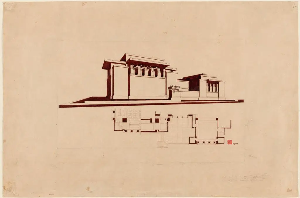 Unity Temple, Oak Park, IL (Exterior perspective and partial plan) by Frank Lloyd Wright