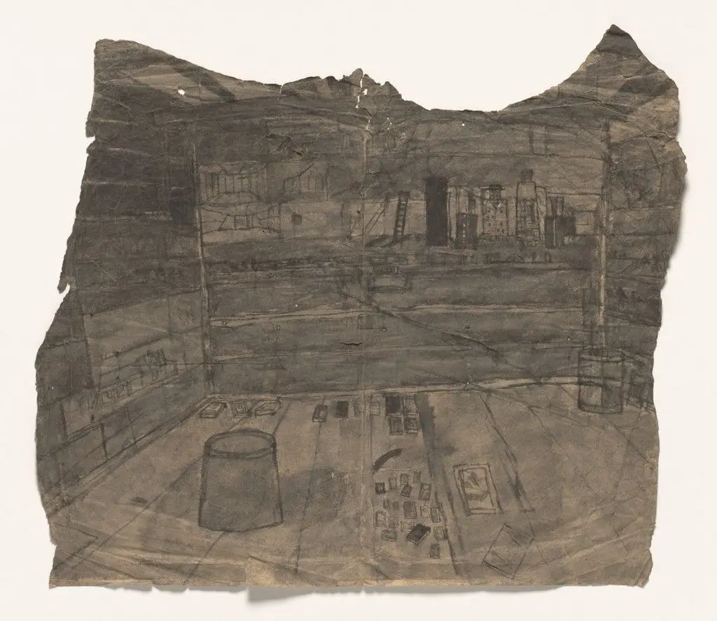 Untitled (Barn Interior with Fantasy World) by James Castle