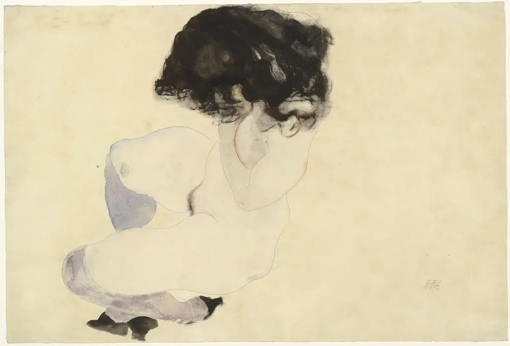 Nude with Violet Stockings and Black Hair (Akt mit violetten Strümpfen und schwarzem Haar) by Egon Schiele