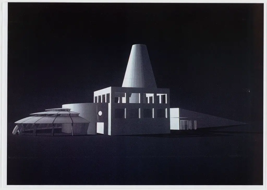 Motorway Service Station Project, Exterior perspective by Mario Bellini