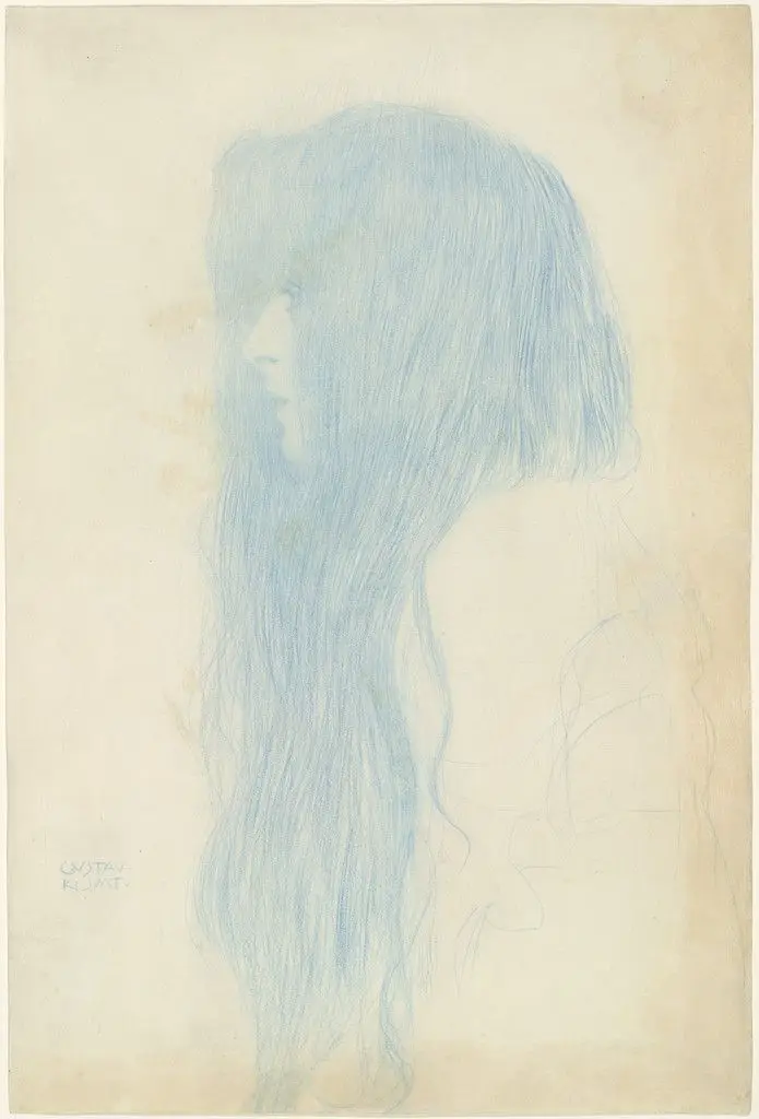 Profile of a Girl (Study for 'Thalia and Melpomene') (Brustbild eines Mädchens mit langem Haar im Profil nach links) by Gustav Klimt