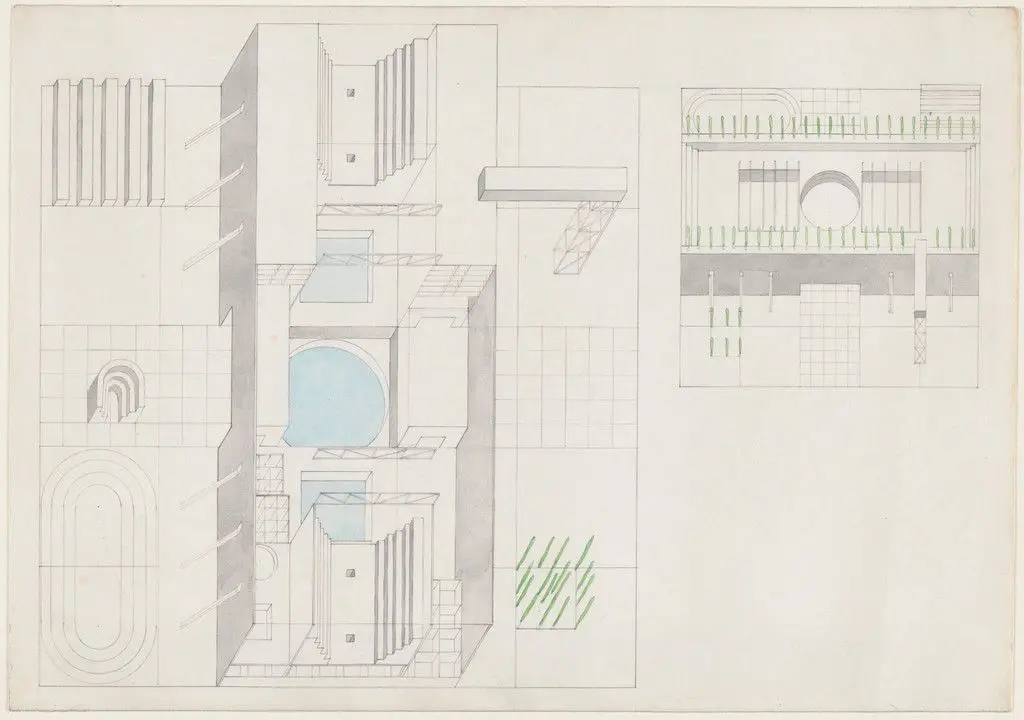 Exodus, or the Voluntary Prisoners of Architecture: The Baths (Axonometric projection) by Rem Koolhaas, Elia Zenghelis, Zoe Zenghelis, Madelon Vriesendorp