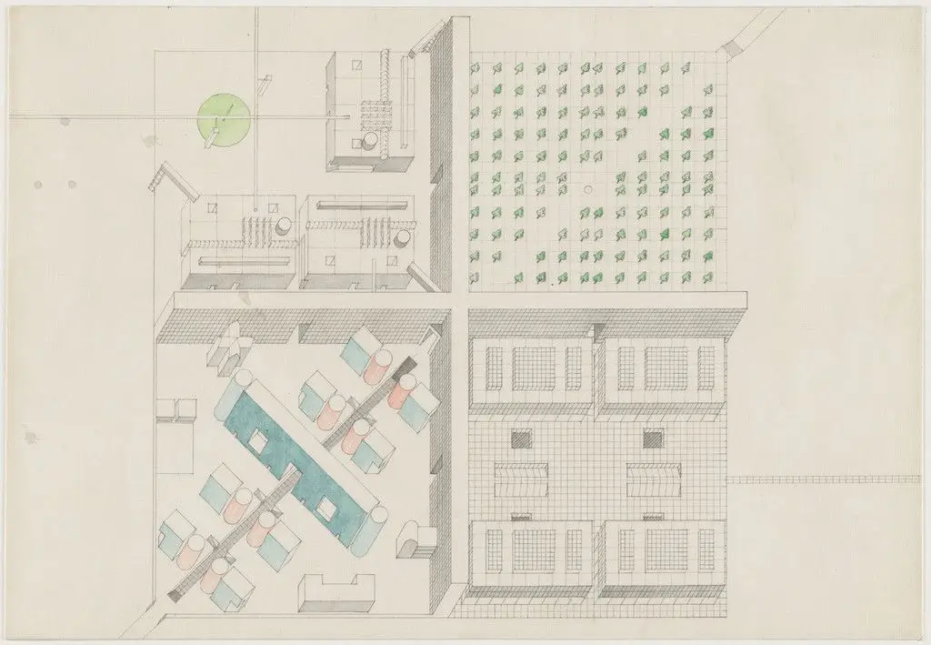 Exodus, or the Voluntary Prisoners of Architecture: The Institute of Biological Transactions (Plan oblique) by Rem Koolhaas, Elia Zenghelis, Zoe Zenghelis, Madelon Vriesendorp