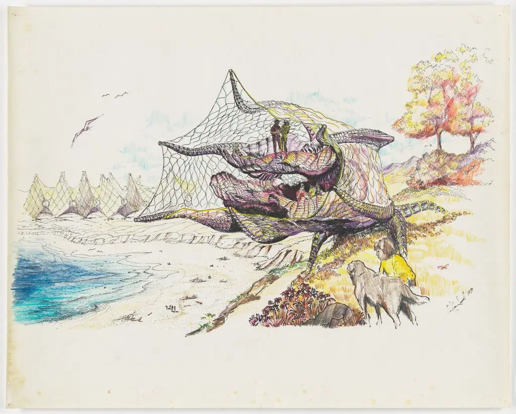 Biomorphic Biosphere project (Drawing of a flying house) by Glen Howard Small