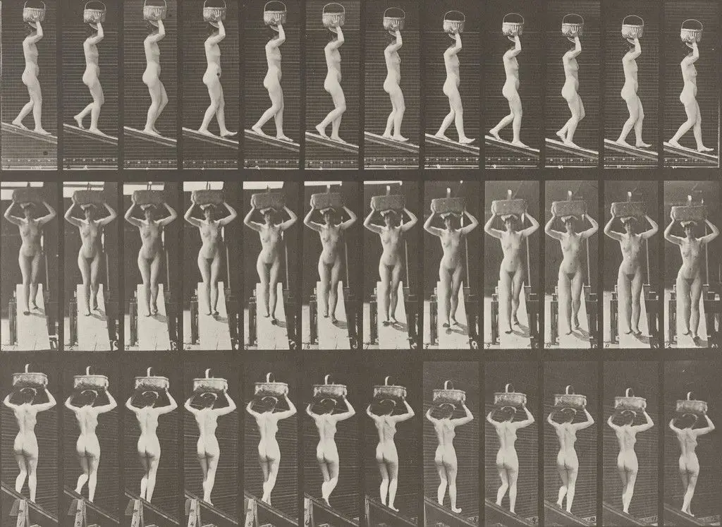 Woman Descending an Incline with a 20-lb. Basket on Head, Hands Raised: Plate 124 from Animal Locomotion (1887) by Eadweard J. Muybridge