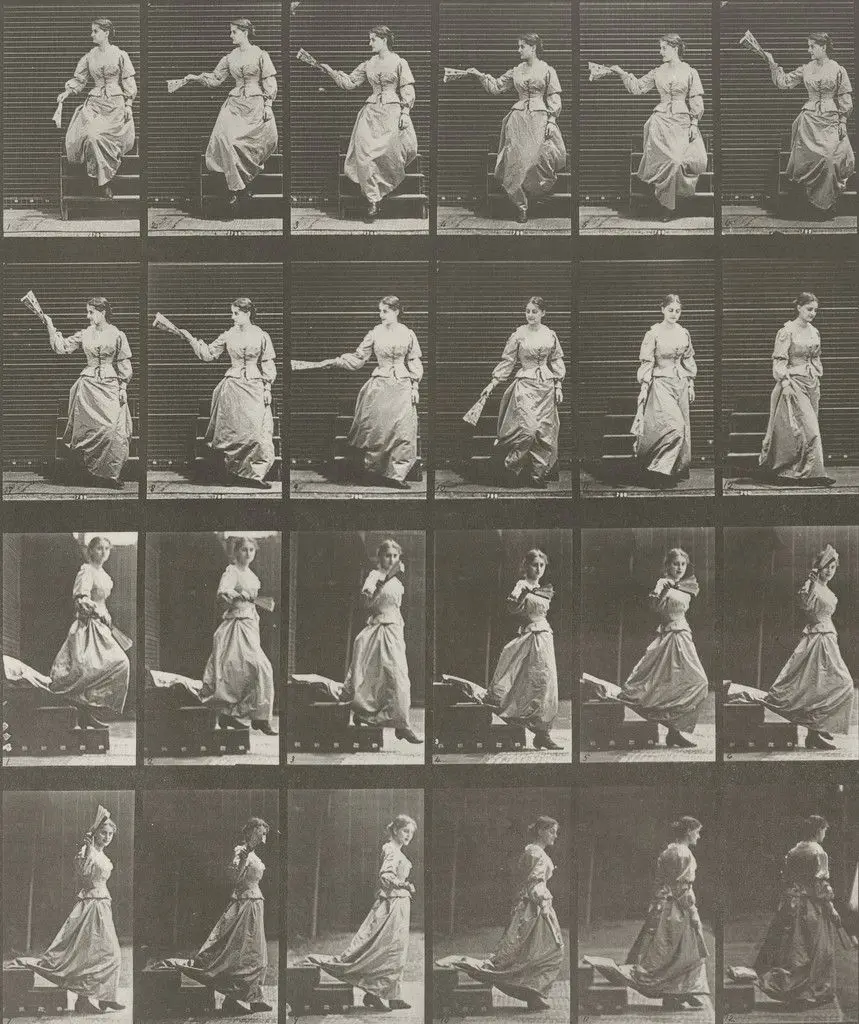 Woman Descending Stairs, Looking Around and Waving a Fan: Plate 140 from Animal Locomotion (1887) by Eadweard J. Muybridge