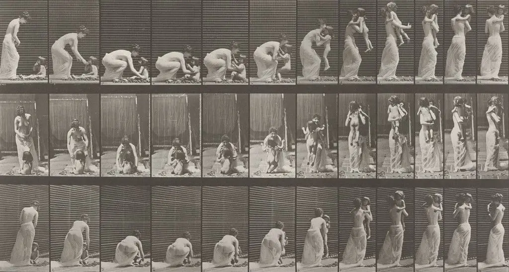 Woman Lifting a Child from the Ground and Turning Around: Plate 214 from Animal Locomotion (1887) by Eadweard J. Muybridge