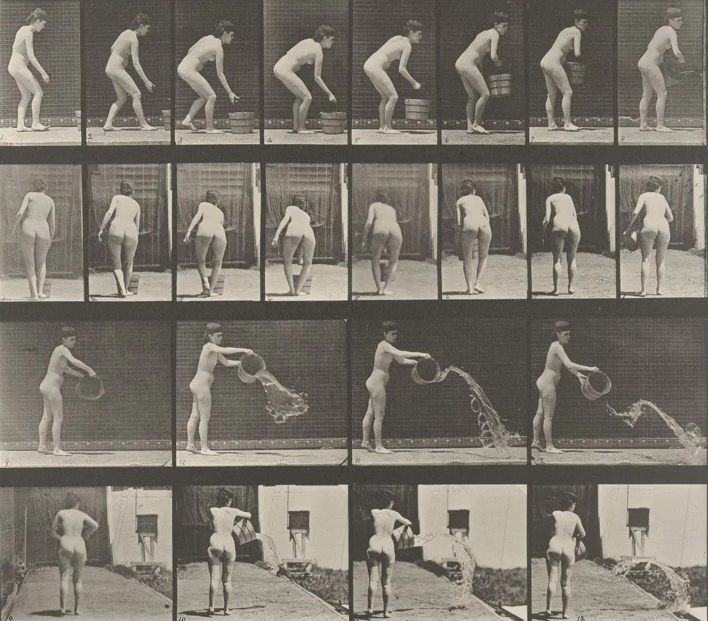 Woman Emptying a Bucket of Water: Plate 401 from Animal Locomotion (1887) by Eadweard J. Muybridge