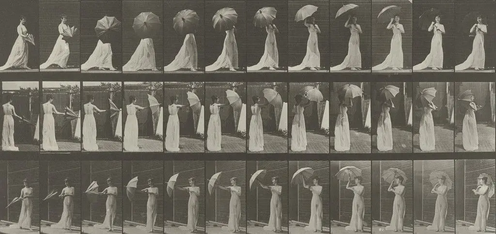 Woman Opening a Parasol and Turning Around: Plate 461 from Animal Locomotion (1887) by Eadweard J. Muybridge