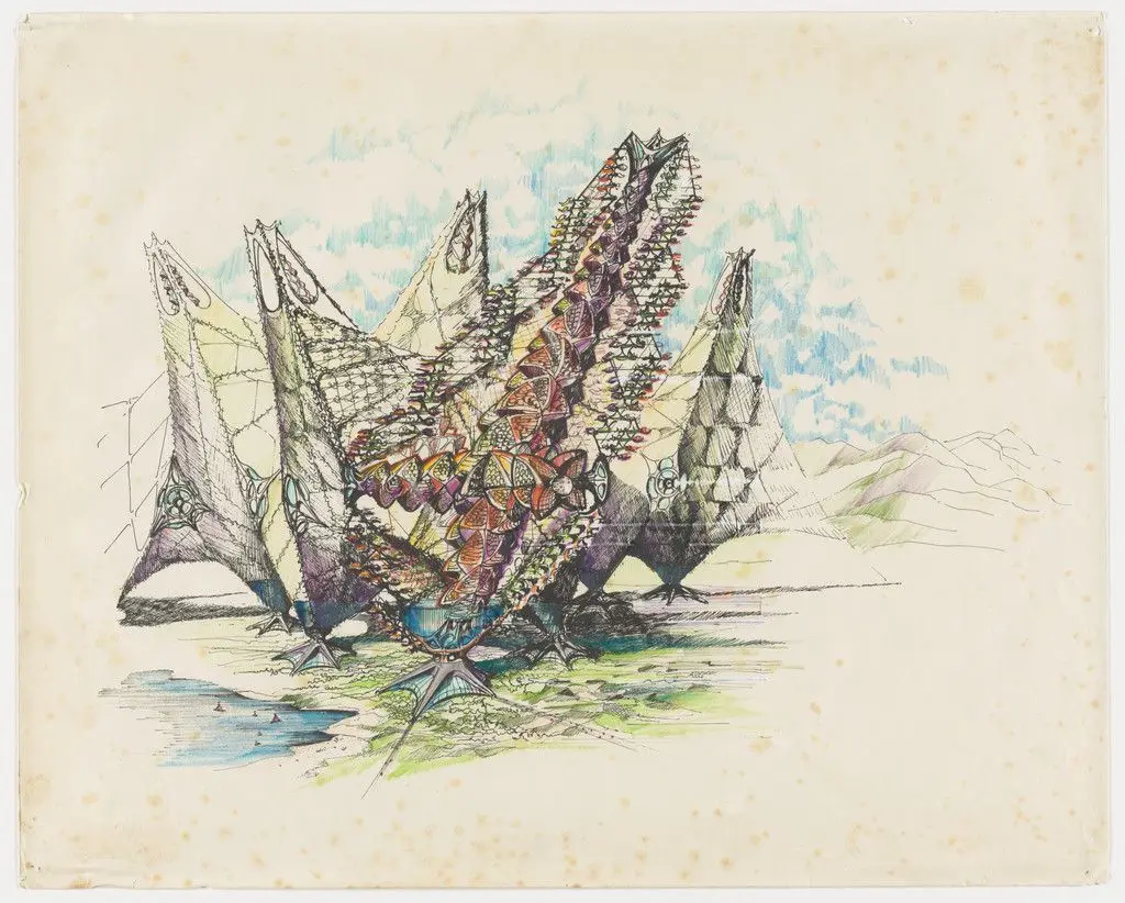 Biomorphic Biosphere project (Cross section elevation of the mature structure reaching 5,000 to 8,000 feet) by Glen Howard Small