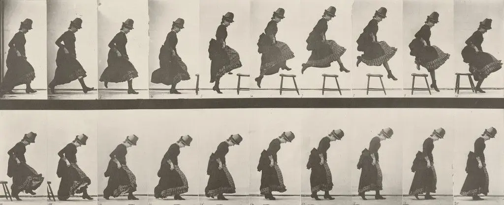 Woman Jumping, Running Straight High Jump: Plate 156 from Animal Locomotion (1887) by Eadweard J. Muybridge