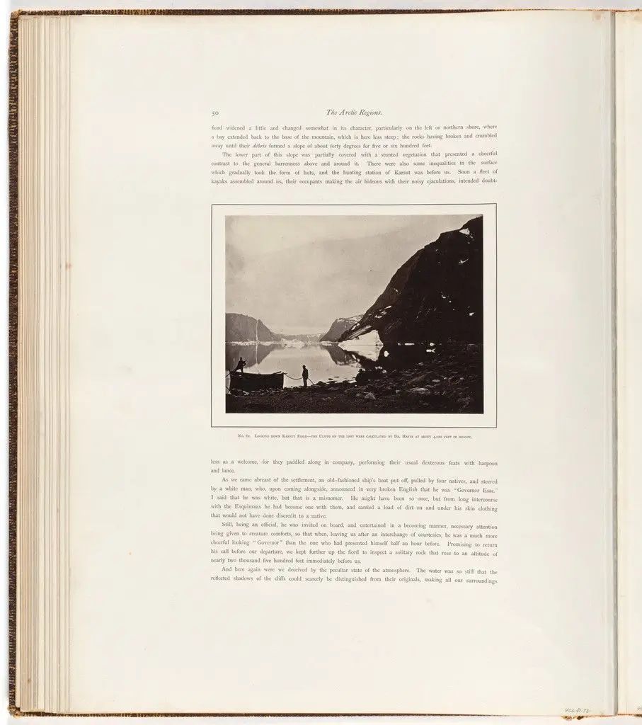 "Looking down Karsut Fiord - the cliffs on the left were calculated by Dr. Hayes at about 4,000 feet in height." by George P. Critcherson, John L. Dunmore, William Bradford