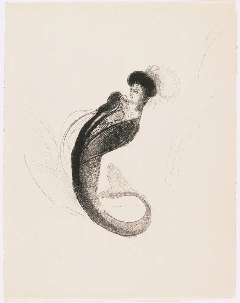 Woman Wearing a Toque and a Mermaid's Tail (Femme coiffée d'une toque et rejetant le buste en arrière) by Odilon Redon