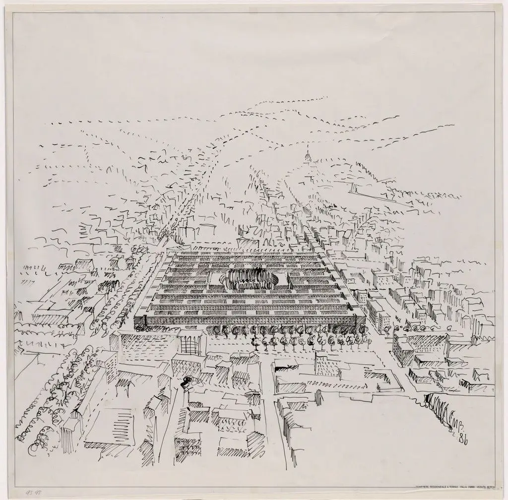 Urban Housing, Turin, Italy, Aerial perspective by Mario Botta