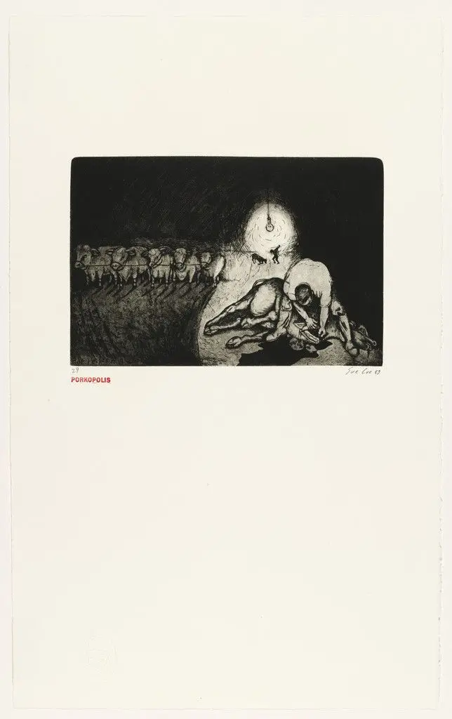 Sticking, plate 8 from the series Porkopolis by Sue Coe