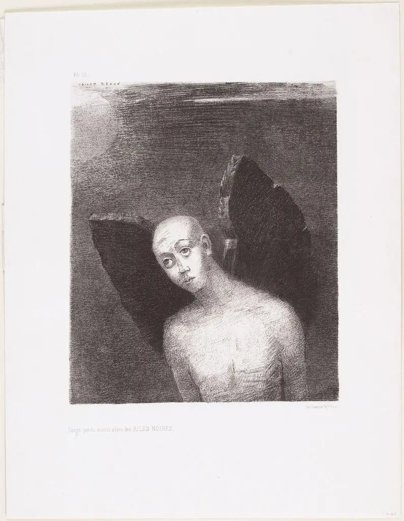 The Lost Angel Then Opened Black Wings (L'Ange perdu ouvrit alors des ailes noires) by Odilon Redon