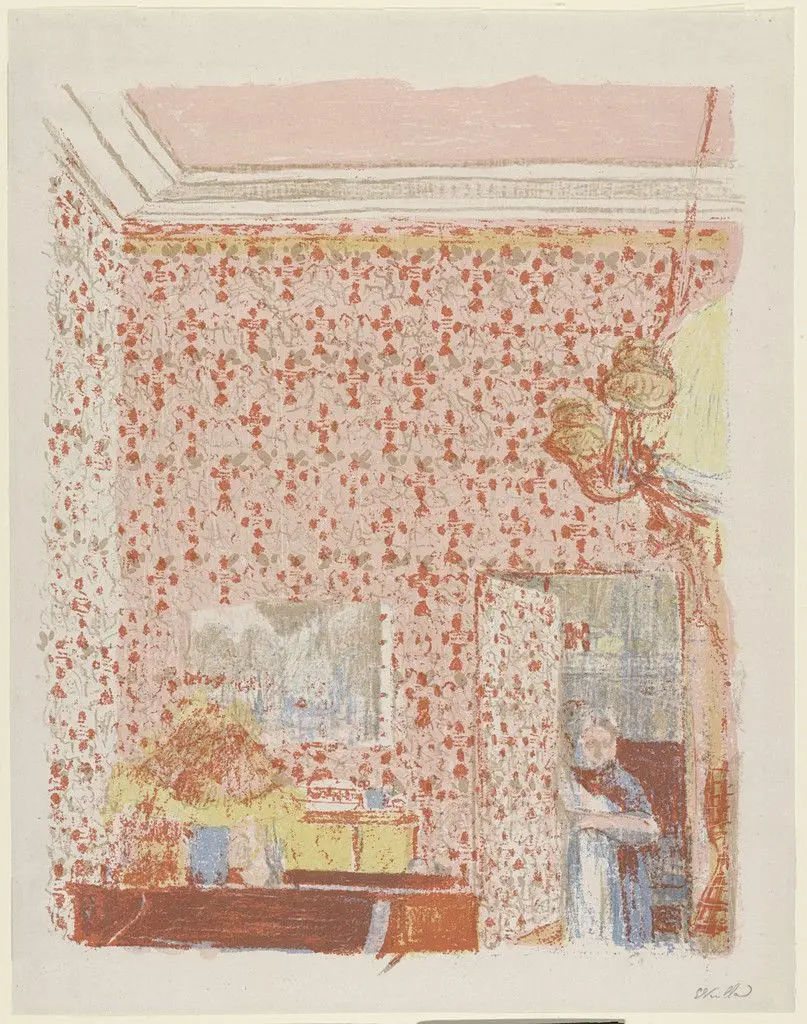 Interior with Pink Wallpaper I (Intérieur aux tentures roses I) from Landscapes and Interiors (Paysages et intérieurs) by Édouard Vuillard