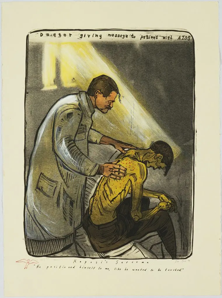 Doctor Giving Massage to Patient with AIDS from The New Provincetown Print Project 1993 by Sue Coe