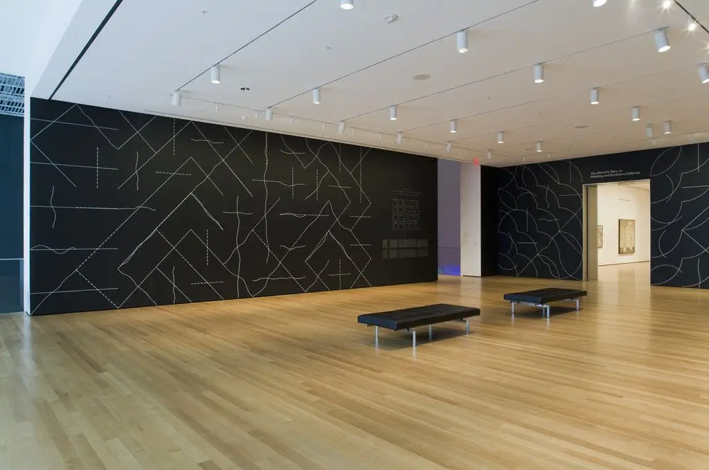 Wall Drawing #260, On Black Walls, All Two-Part Combinations of White Arcs from Corners and Sides, and White Straight, Not-Straight, and Broken Lines by Sol LeWitt