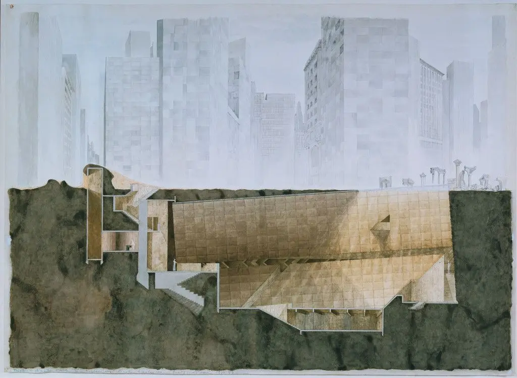 Church of Solitude Project, New York, New York, Longitudinal section by Gaetano Pesce
