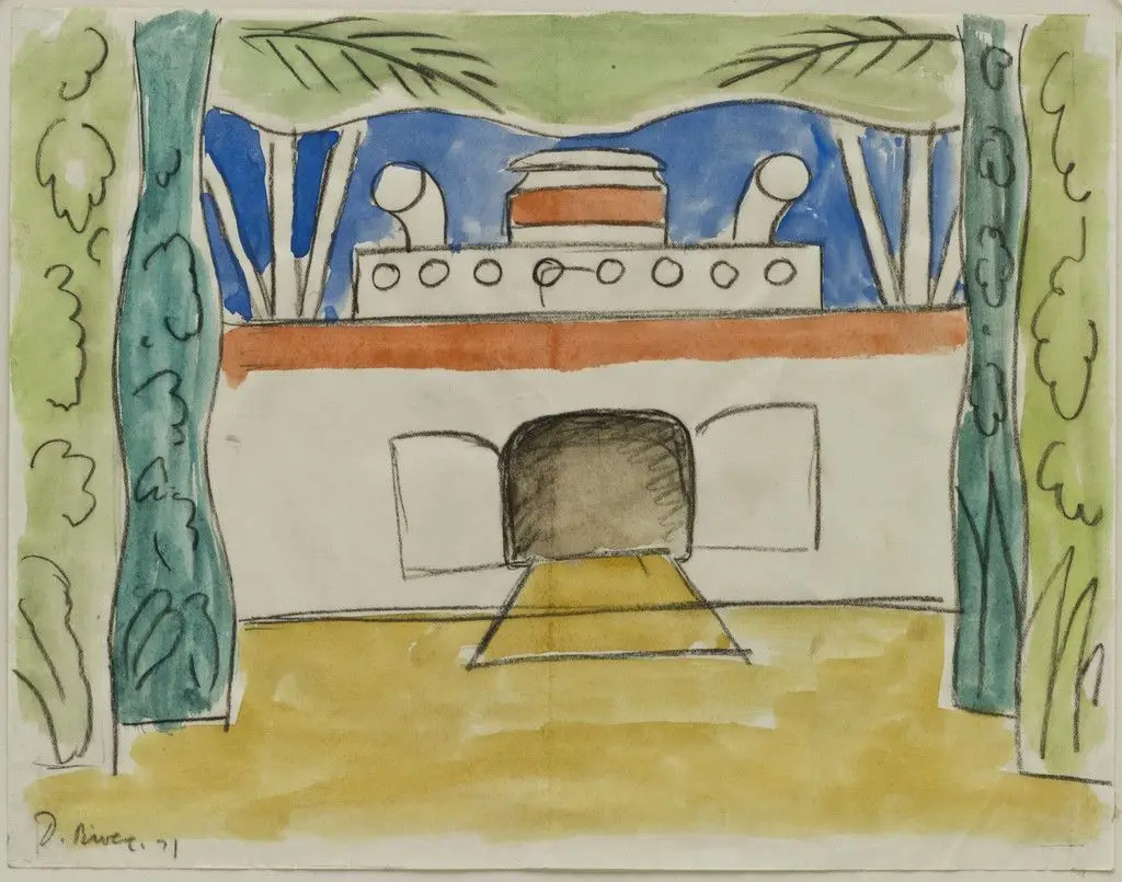 Set design for scene three of the ballet H.P. (Horsepower) by Diego Rivera