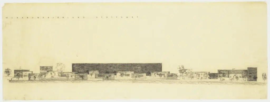 Weissenhof Housing Colony Master Plan, "The Dwelling," Stuttgart, Germany, Site elevation study from east by Ludwig Mies van der Rohe