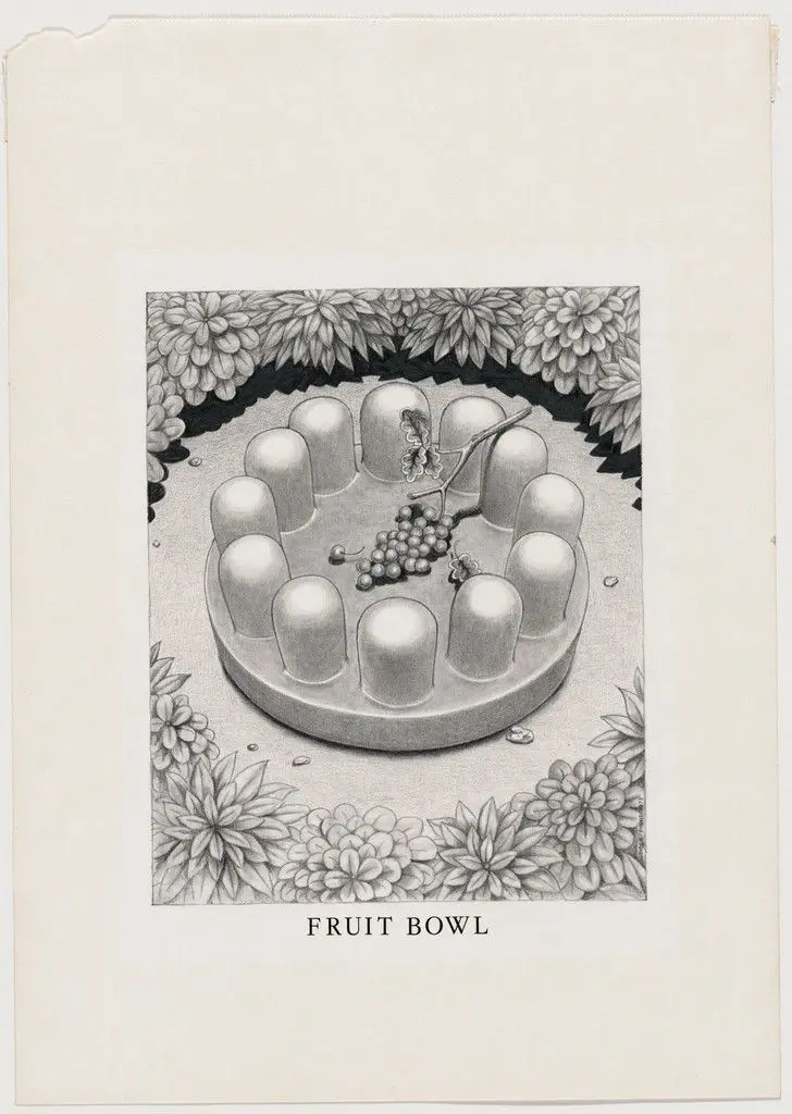 Study for Fruit Bowl (with Grapes), project (Aerial perspective) by Ettore Sottsass