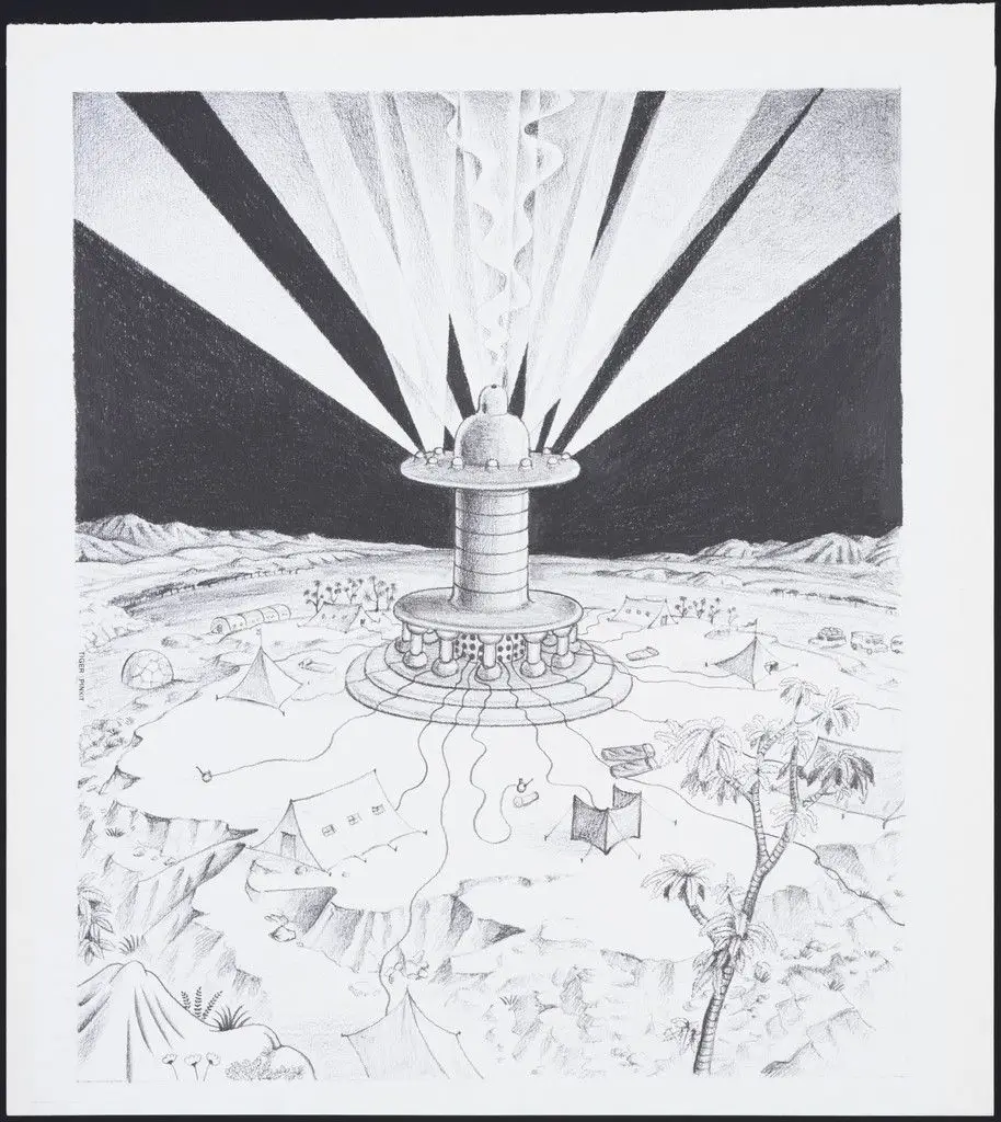 The Planet as Festival: Study for a Dispenser of Incense, LSD, Marijuana, Opium, Laughing Gas, project (Perspective) by Ettore Sottsass
