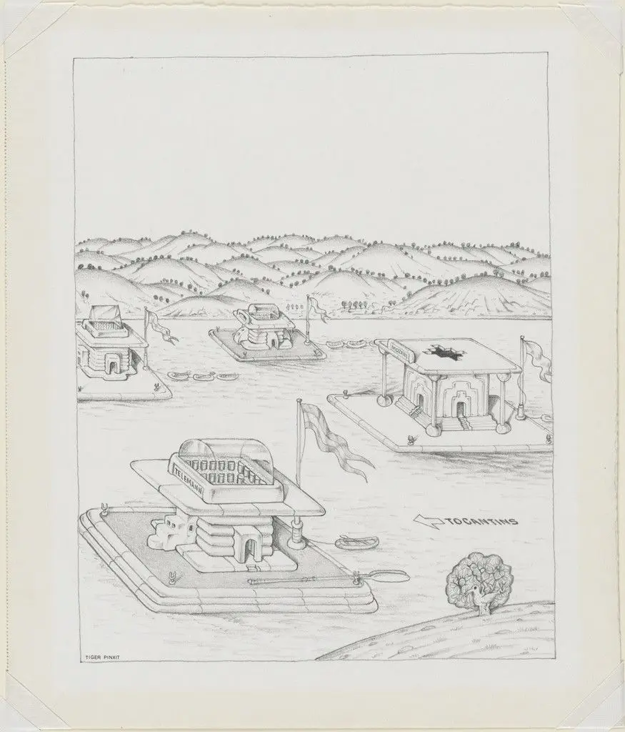 The Planet as Festival: Study for Rafts for Listening to Chamber Music, project (Perspective) by Ettore Sottsass