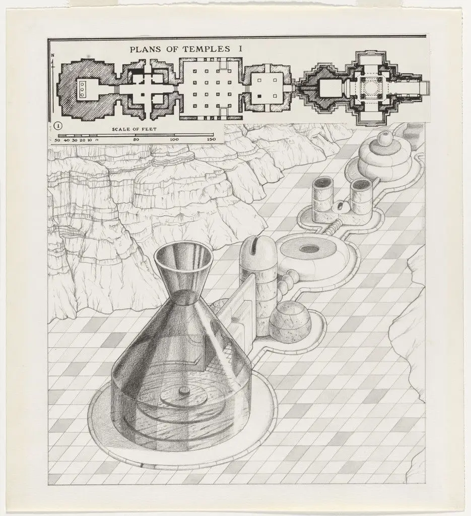The Planet as Festival: Study for Temple for Erotic Dances, project (Aerial perspective and plan) by Ettore Sottsass