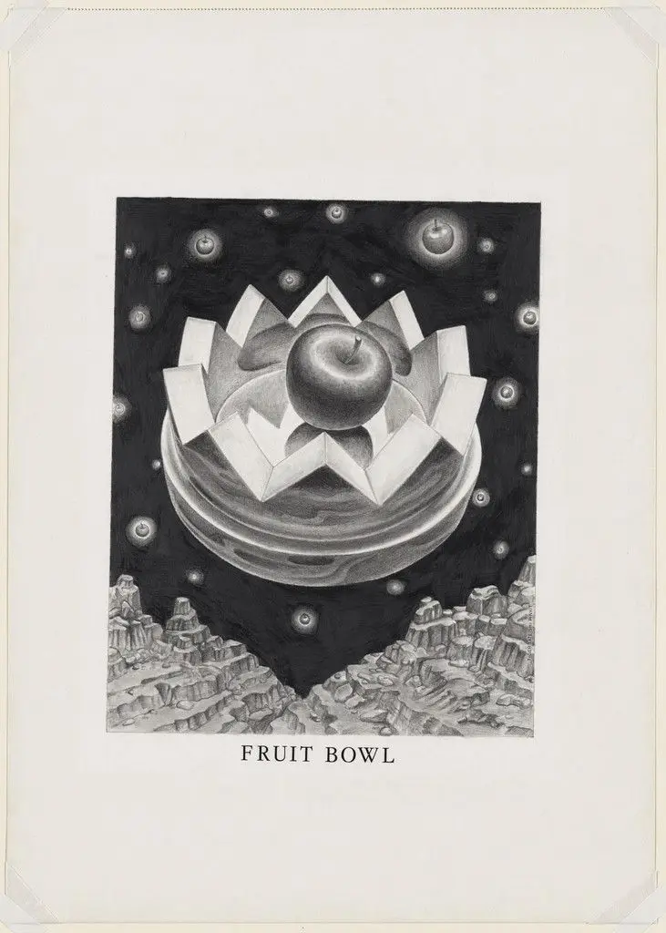 Study for Fruit Bowl (with Apple), project (Aerial perspective) by Ettore Sottsass