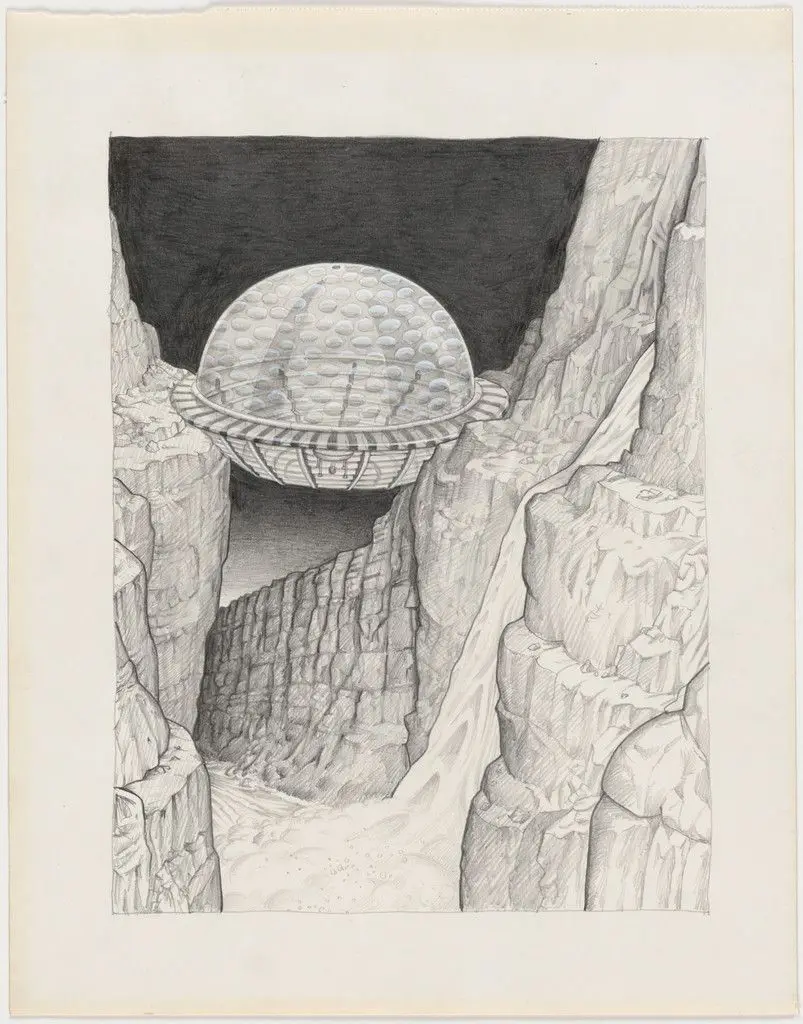 The Planet as Festival: Study for Design of a Stadium for Rock Concerts, project (Aerial perspective) by Ettore Sottsass