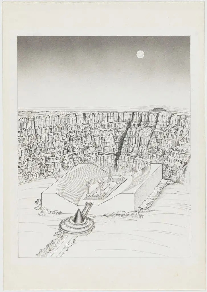 The Planet as Festival: Study for Design of a Stadium to Watch the Stars, project (Aerial perspective) by Ettore Sottsass