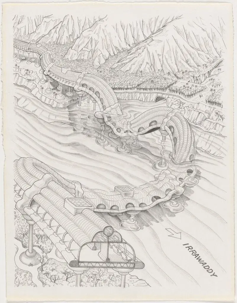 The Planet as Festival: Gigantic Work, Panoramic Road with View on the Irrawaddy River and the Jungle, project (Aerial perspective) by Ettore Sottsass