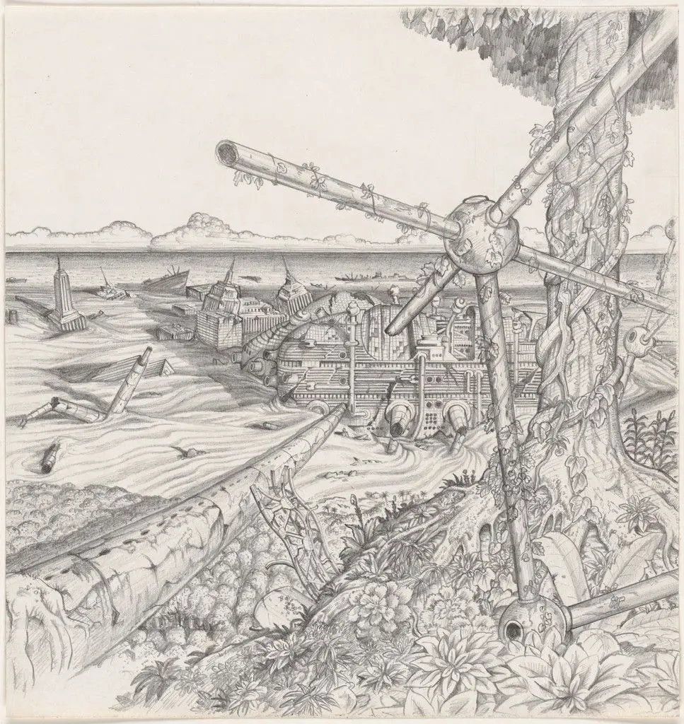 The Planet as Festival: Design of a Roof to Discuss Under, project (Perspective) by Ettore Sottsass