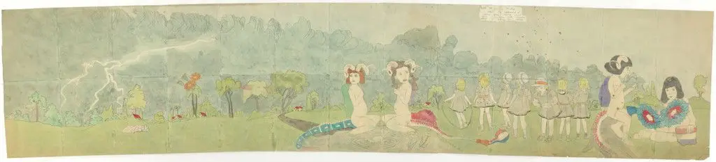 116. At Jennie Richee. Notice by approach of blue gray black cloud that hurricane like thunder storm is going to renew., 117. At Jennie Richee. To avoid being out in the open when storm renews, they take chance going through farm possessed by Glandelin by Henry Darger