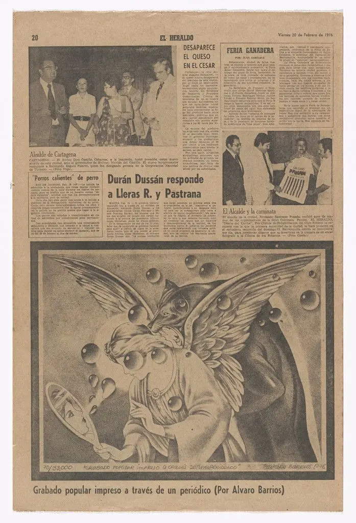 Popular Print for the 6th International Print Biennial in Krakow, published in El Heraldo, February 20, 1976 (Grabado popular impreso para la VI Bienal Internacional de Grabado de Cracovia, publicado en El Heraldo, 20 de febrero de 1976) by Álvaro Barrios