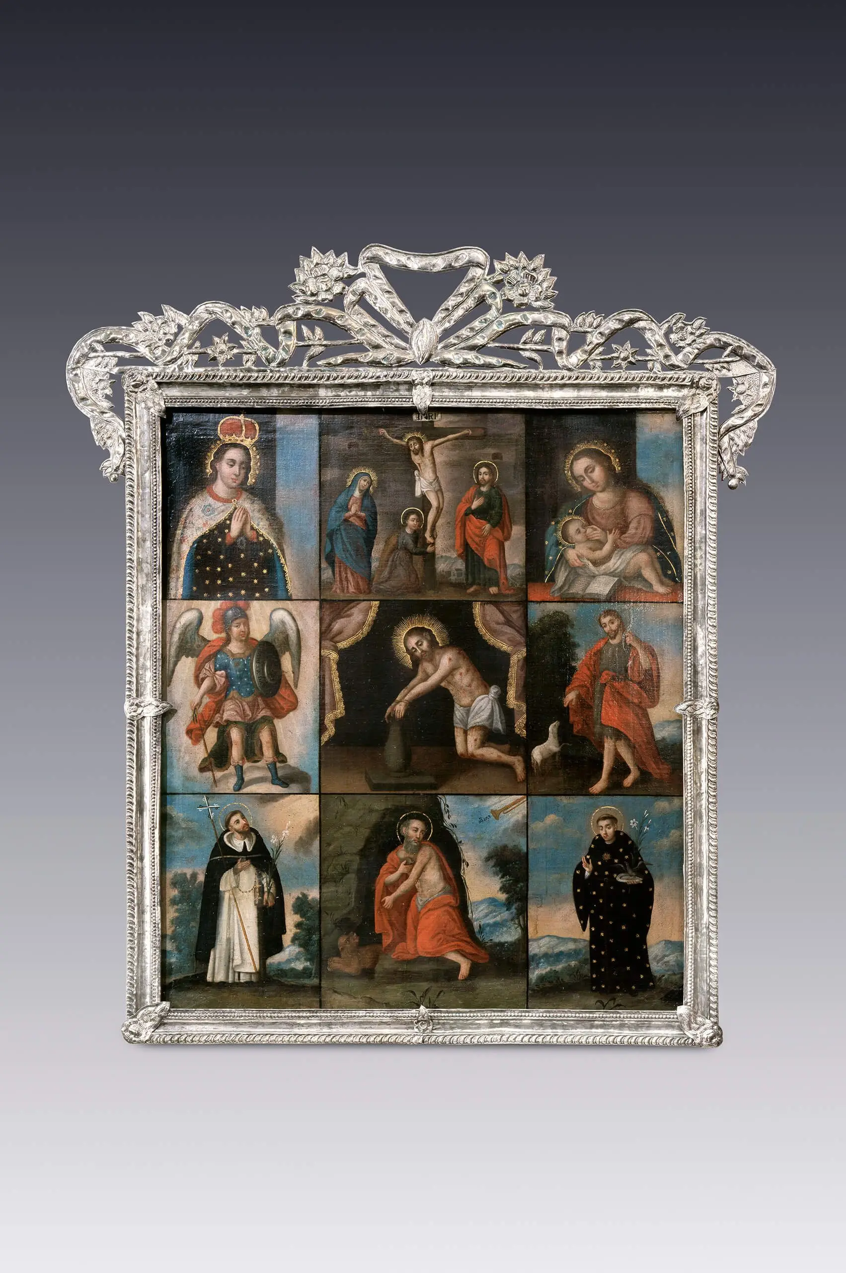 Marco | Altar devocional: Virgen del Carmen, Crucifixion, Virgen de la Leche, San Miguel, Cristo atado a la columna, San Juan Bautista, Santo Domingo, San Jeronimo, San Nicolas Tolentino by Anonimo novohispano