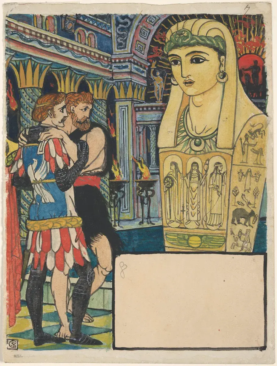 Ridderne i det egyptiske tempel [Tegning] by Crane, Walter