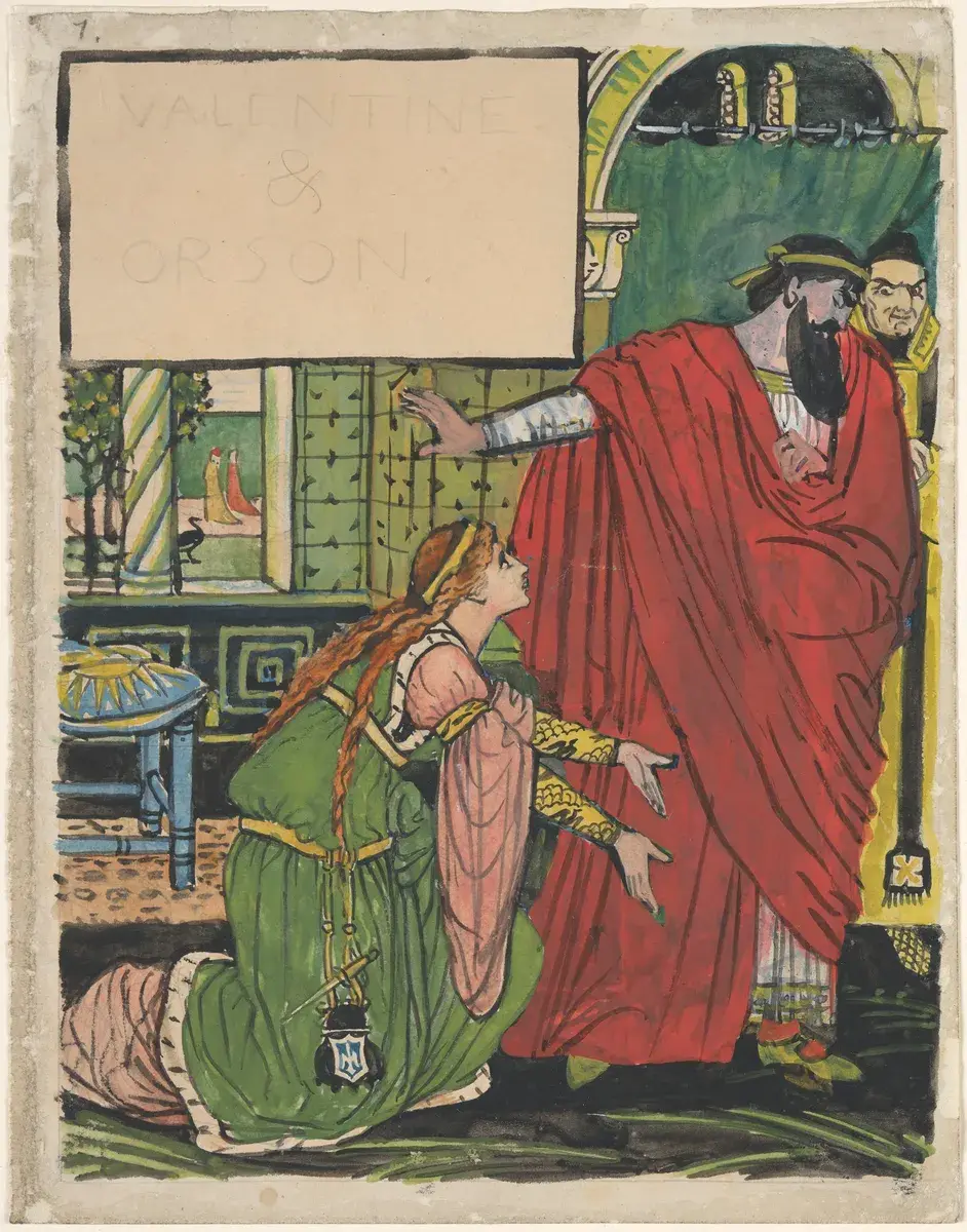 Prinsessen på kne foran kongen i et egyptisk palass [Tegning] by Crane, Walter