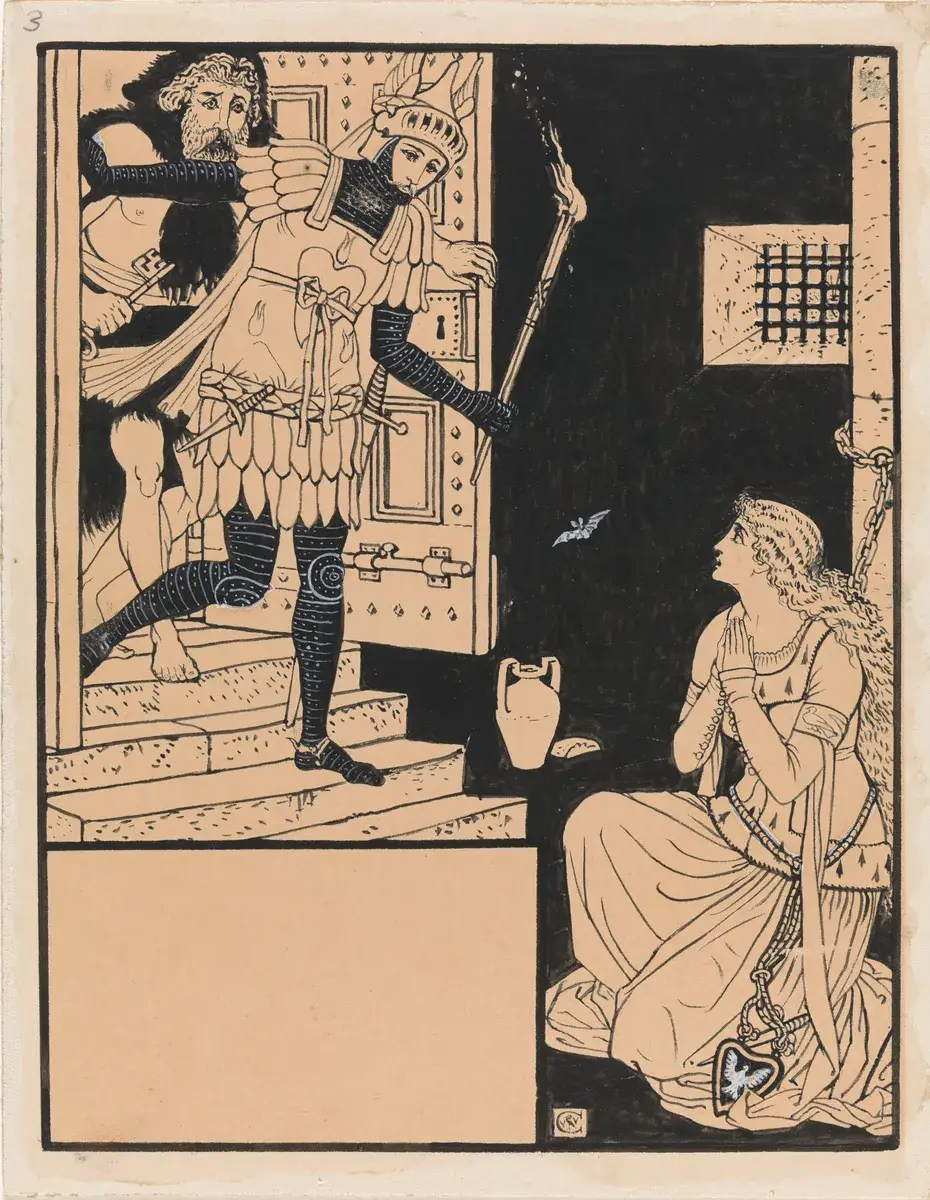 Prinsessen i fengsel blir befridd [Tegning] by Crane, Walter