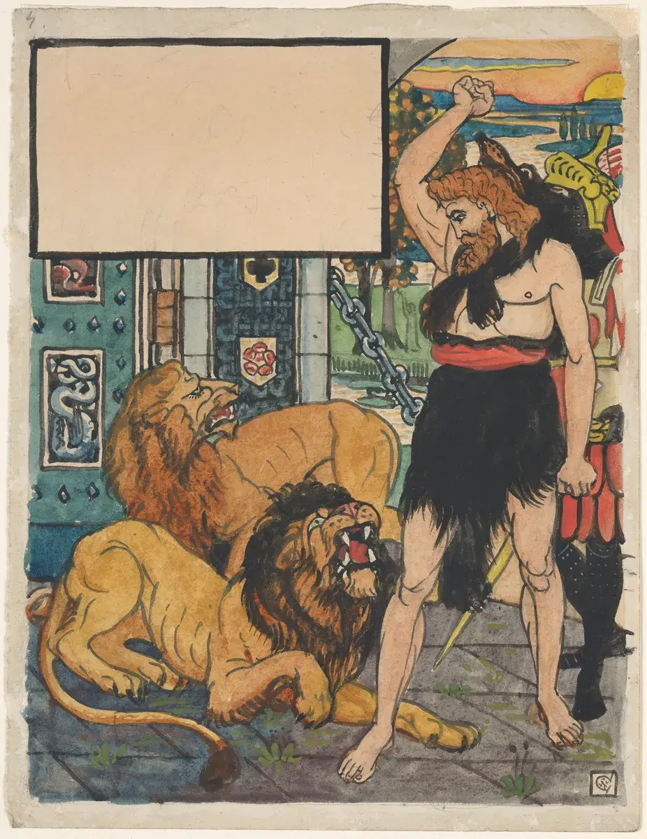 Ridderne og de to løvene [Tegning] by Crane, Walter