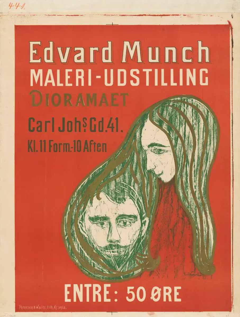 Mannshode i kvinnehår [Plakat] by Munch, Edvard