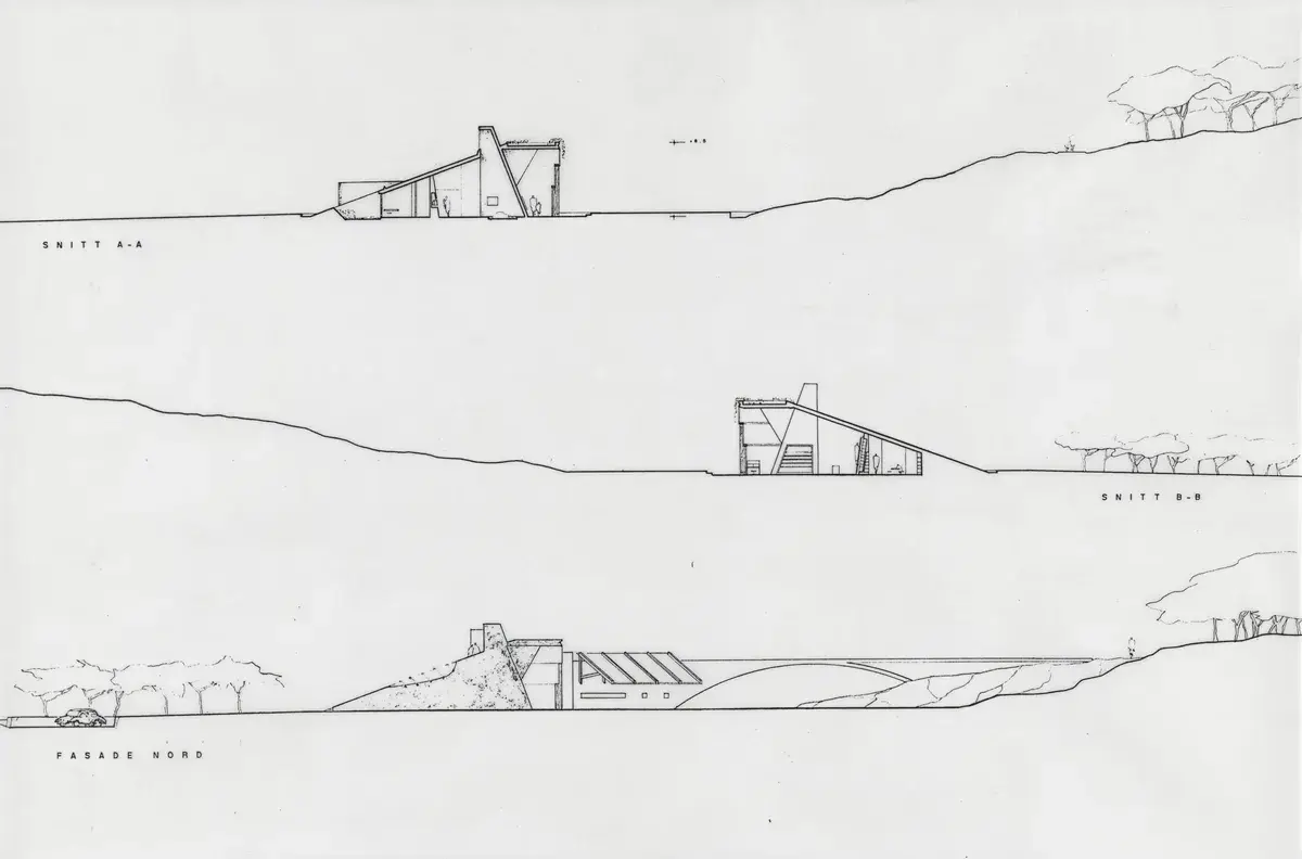 Utkast til Helleristningsmuseum i Borge, fasader mot nord og snitt [Konkurranseutkast] by Fehn, Sverre