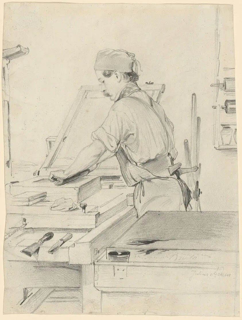 Self-Portrait Working at a Lithographic Press by Adam, Julius the Elder
