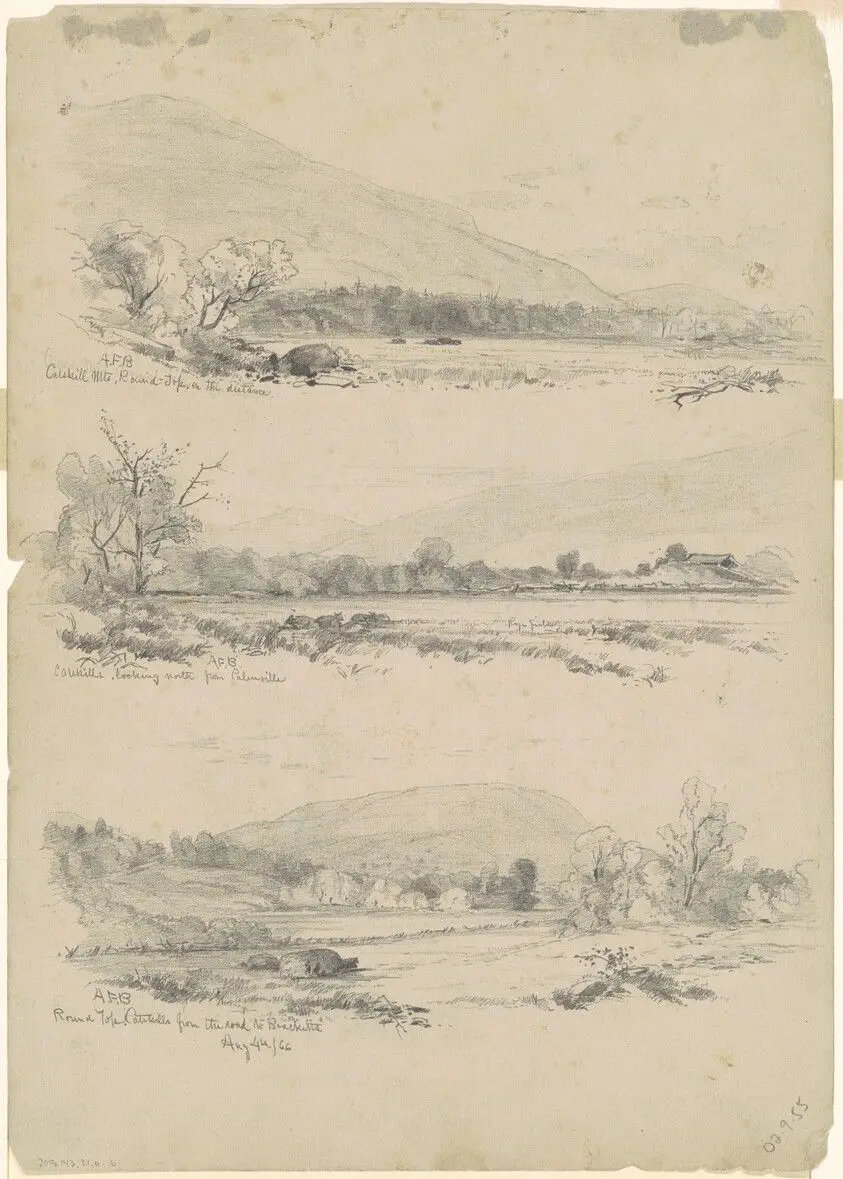 Catskill Mountains, Round-Top in the Distance; Catskills Looking North from Palenville; and Round Top, Catskills, from the Road to Bracketts [verso] by Bunner, Andrew Fisher