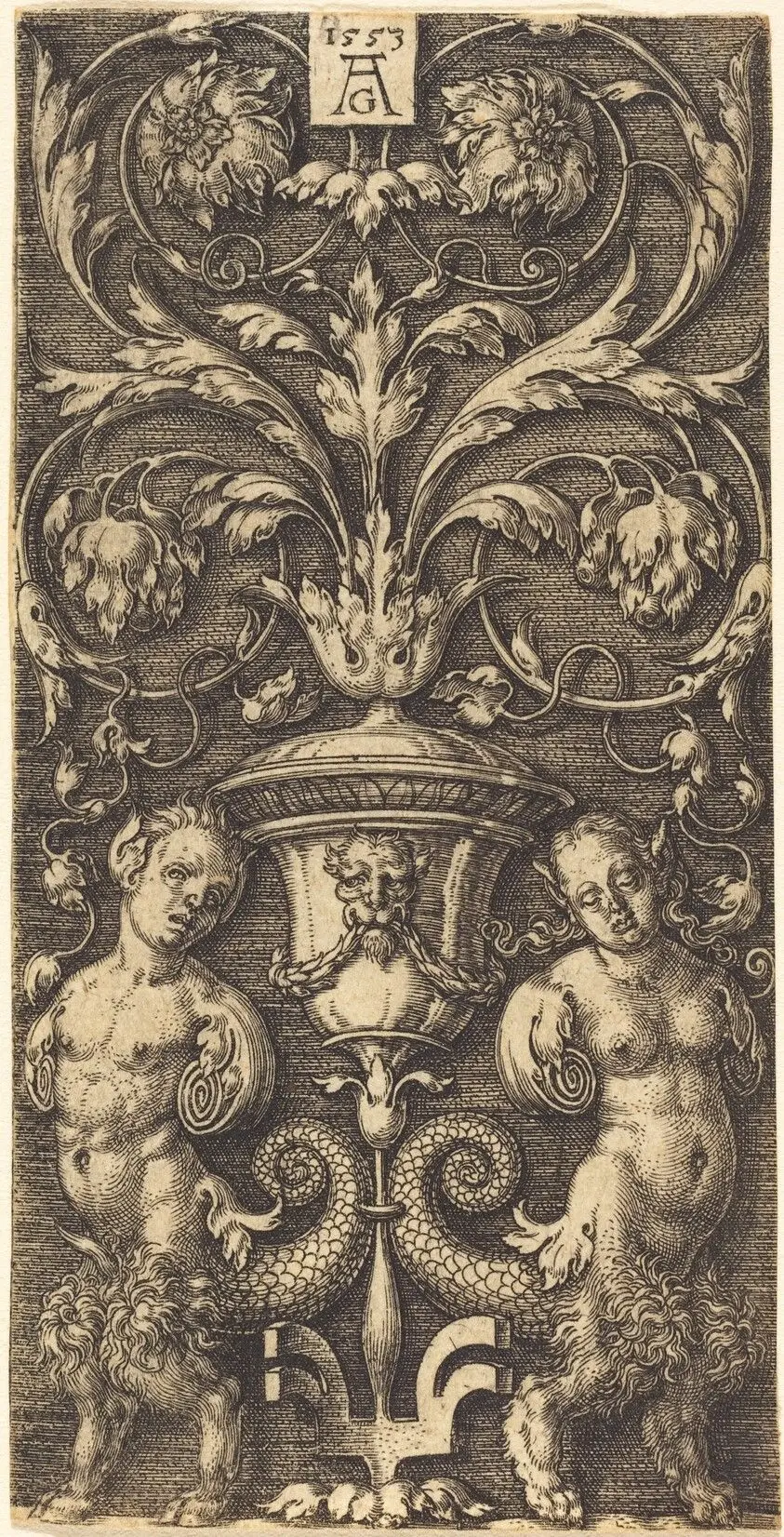 Ornament with Vase and Two Female Figures by Aldegrever, Heinrich