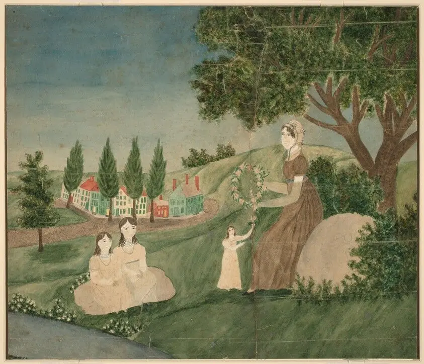 Mother and Three Children Making a Floral Wreath by American 19th Century