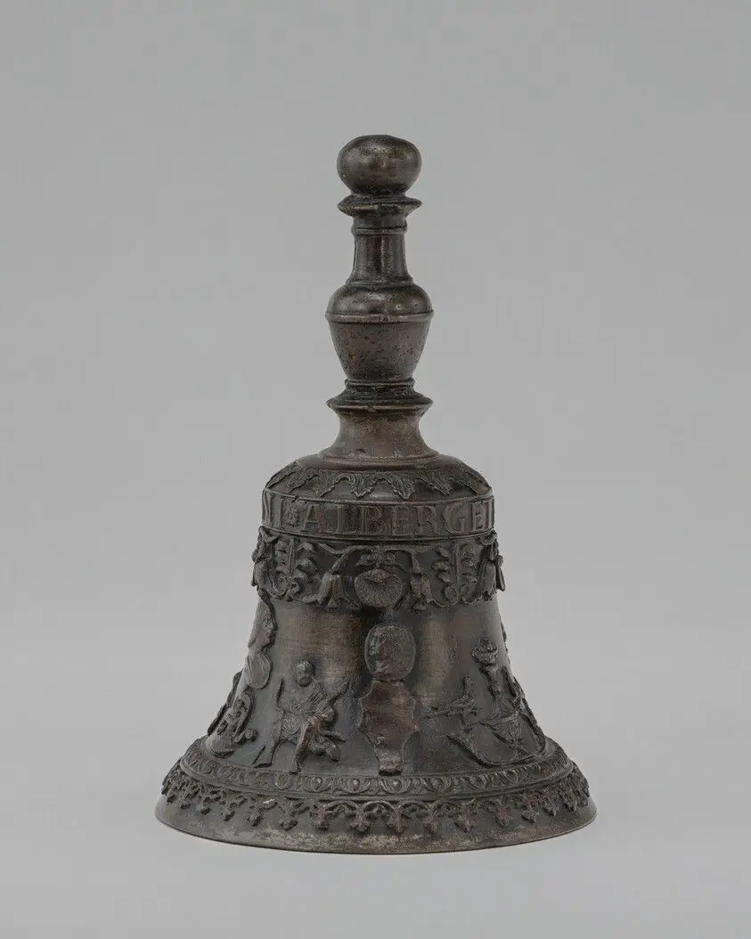Hand Bell with Portrait of Lodovico Maria Sforza, 1451-1508, called Il Moro, 7th Duke of Milan, and Figures of Hercules by Alberghetti, Zuanne I (Zanin)